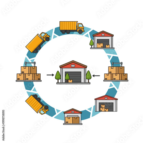 Logistics and transportation process with trucks and warehouses in a circular diagram.