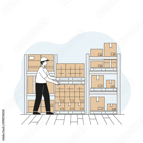 Warehouse worker loading boxes onto shelves in a storage facility.