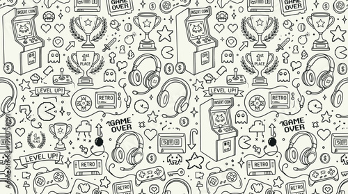 Obraz na płótnie Hand-drawn seamless gaming doodle pattern with controllers and accessories