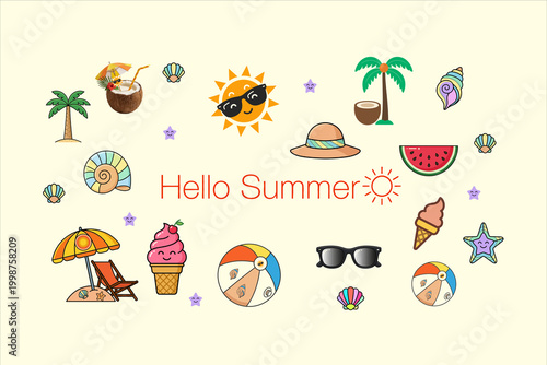 Hello Summer Cute Beach Elements Vector Background