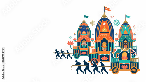 Ratha Yatra Festival with People Pulling Ornate Chariots Traditional Indian Religious Celebration.