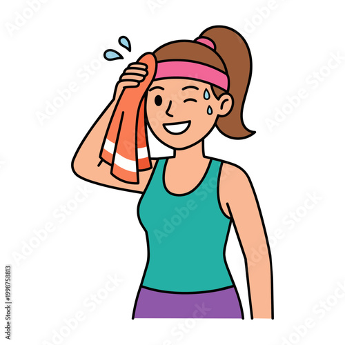 Kawaii sporty girl in green top wiping sweat off her face with towel, cute female athlete taking a rest after fitness exercise vector illustration design