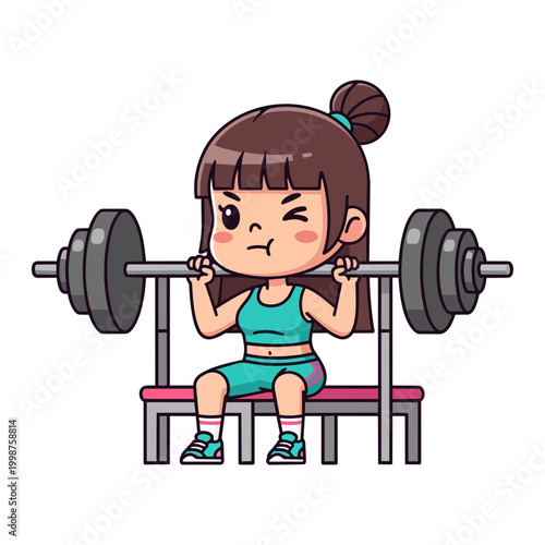 Adorable girl in green outfit doing barbell bench press exercise, cute gym character lying on bench lifting weights vector design for strength training