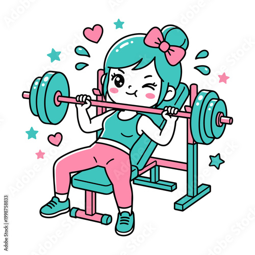 Cute female fitness character performing heavy barbell bench press on pink bench, kawaii anime girl training chest muscles vector illustration graphic
