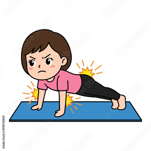Cute female character doing push up exercise on blue yoga mat, kawaii anime girl training core and chest strength vector illustration graphic design