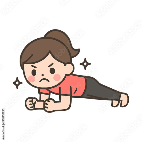 Kawaii sporty girl struggling to hold plank position on yoga mat, cute female fitness character training core endurance vector graphic illustration design