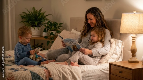 A mother reads a book to her two young children in bed at night, creating a cozy and loving atmosphere.