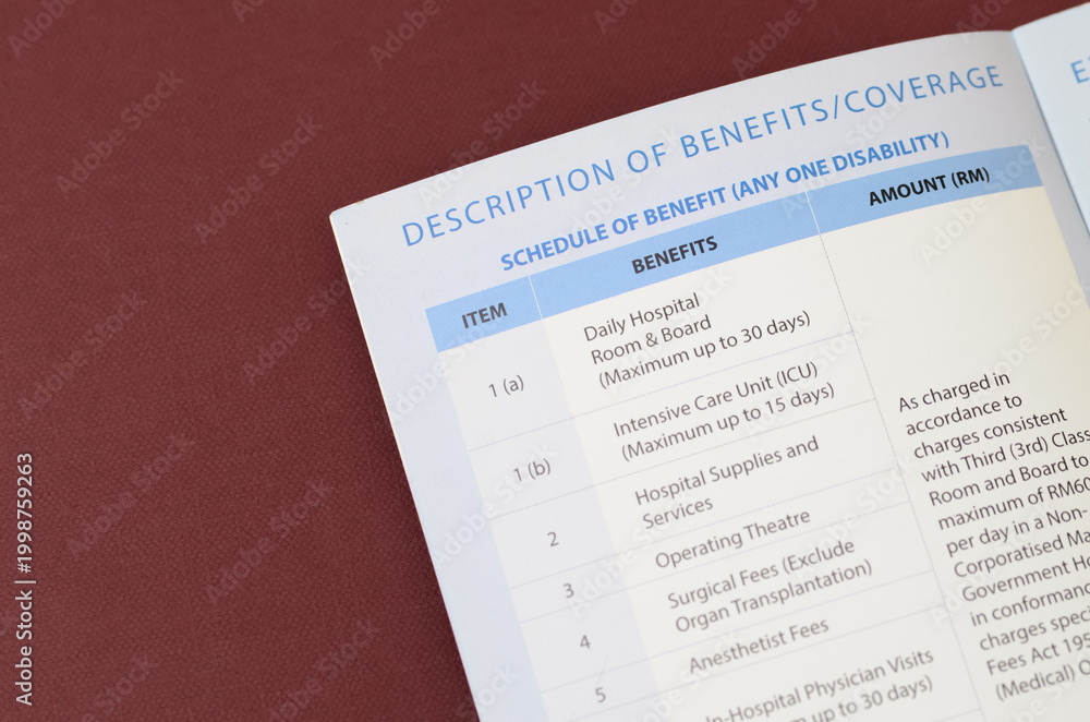 Obraz premium Close Up Medical Insurance Policy Benefits and Coverage Schedule Table