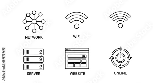 Set of Technology Icons Representing Network, Wifi, Server, Website, and Online Status.