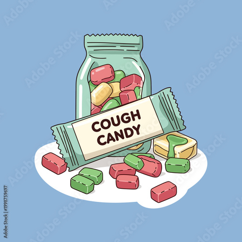 Jar of Cough Candy and Wrapper with Scattered Candies.