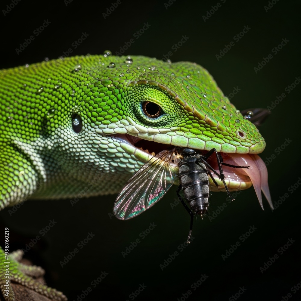Fototapeta premium lizard eating insects macro detail dramatic lighting