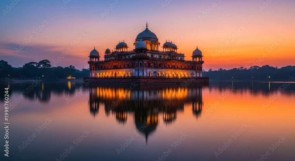 Obraz premium Majestic Palace Reflecting in Calm Lake at Sunset.