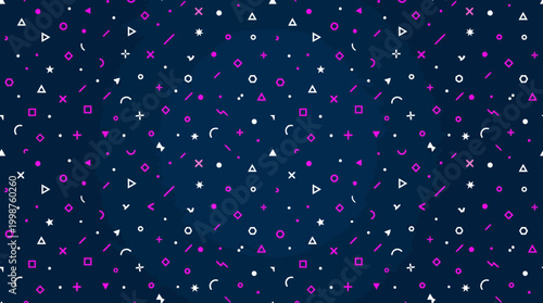 Seamless geometric confetti pattern with colorful shapes on navy background.