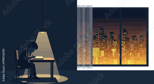 A solitary boy studies diligently at a desk illuminated by a focused lamp, with a vibrant city skyline visible through a curtained window at dusk