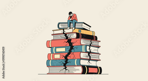 Illustrative depiction of an individual overwhelmed by the pressure of studies and information overload, sitting on a cracking stack of books, symbolizing mental burden and burnout from education