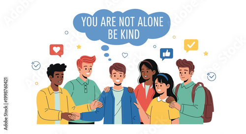 Diverse group of young people illustrating the power of kindness and community support, promoting mental well-being and showing empathy in a connected world