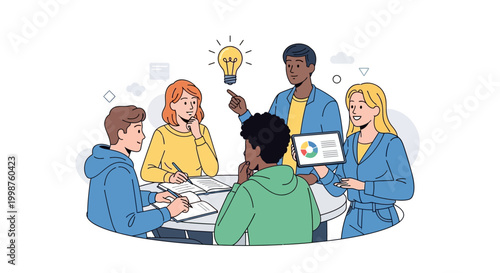Diverse team collaborates, brainstorming innovative ideas and developing new concepts for a project, fostering creativity, teamwork, and problem-solving in a modern business meeting