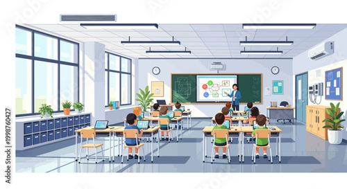 Engaging modern classroom scene with a teacher instructing students using interactive technology, fostering a bright learning environment for academic development