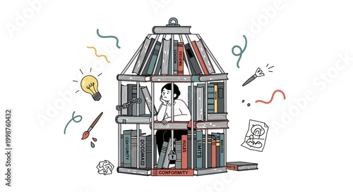 Trapped in a cage made of books, a person contemplates ideas and imagination within their creative confinement