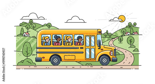Yellow school bus with diverse children on a winding road through green hills under a sunny sky, symbolizing the journey of education