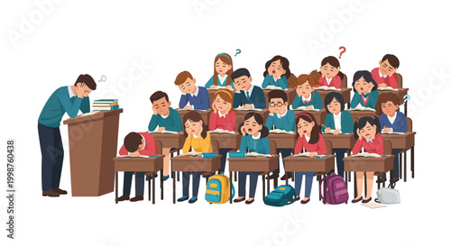 Frustrated teacher attempts to engage a classroom of bored, sleepy, and distracted students during a dull lecture