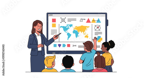 Modern classroom with a female teacher engaging young students using an interactive smart board for an immersive and collaborative learning experience