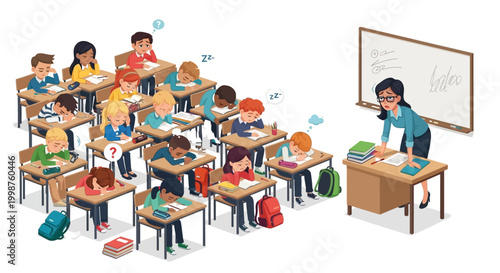 Bored students are sleeping in a classroom while a teacher tries to teach, illustrating disengagement and lack of interest in the lesson