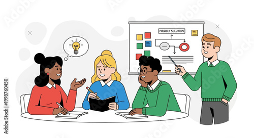 Diverse business team collaborating on a project strategy, brainstorming innovative ideas during a productive meeting with a clear presentation