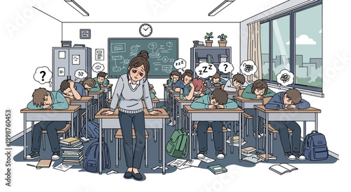 A teacher stands in a classroom where students are bored and sleepy during a lesson, with thought bubbles indicating confusion and exhaustion