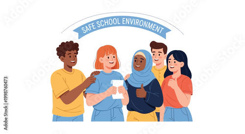 Diverse group of happy young students standing together, promoting a safe and inclusive school environment through friendship and mutual support and understanding