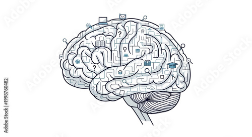 An Abstract Illustration of a Human Brain with Circuitry and Educational Icons Representing Knowledge and Learning