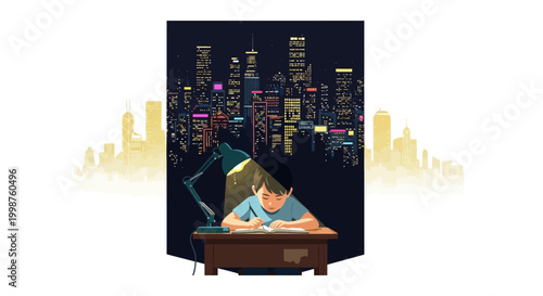 A young boy diligently studying at a desk under a lamp with a city skyline in the background at night
