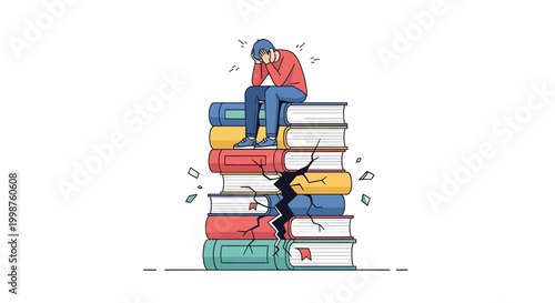 Stressed student overwhelmed by academic pressure, sitting on a collapsing stack of books, symbolizing the heavy burden of information and the mental struggles of education and learning