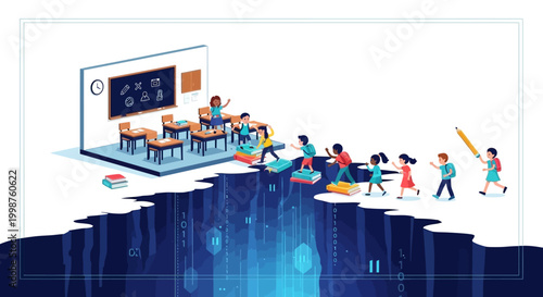 Students and teacher bridge the digital learning gap, transitioning from traditional classrooms to an innovative future of education empowered by technology