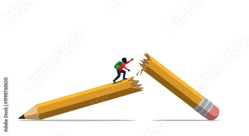 Student overcoming obstacles by crossing a broken pencil symbolizing educational challenges and the journey of learning