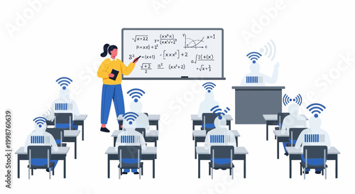 Innovative classroom featuring a human educator teaching robotic students, highlighting a digitally connected learning environment with AI and wireless technology