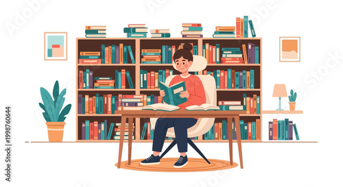 Engaged reader absorbing knowledge in a beautifully organized personal library, a vibrant illustration of academic pursuit, literary enjoyment, and educational growth, symbolizing lifelong learning
