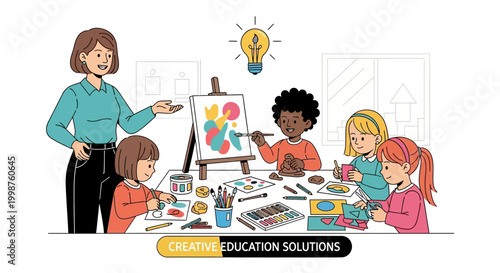 Inspiring creative education solutions for young learners, as a teacher guides diverse children through fun art and craft activities in a bright classroom