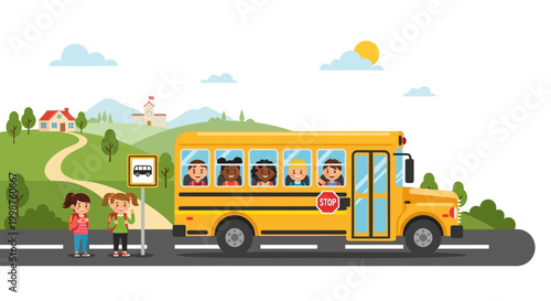 Children waiting for the school bus on a sunny day, with kids happily riding inside the yellow bus, and a schoolhouse in the distance on a hill
