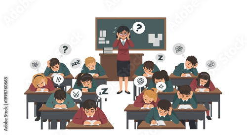 Illustration of students struggling to concentrate and understand a lesson in a classroom, with a distressed teacher looking on