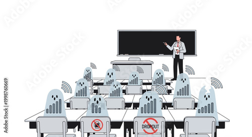Illustration of a teacher in a classroom where students are represented by Wi-Fi signal icons, some with 'no signal' symbols, highlighting connectivity issues in education