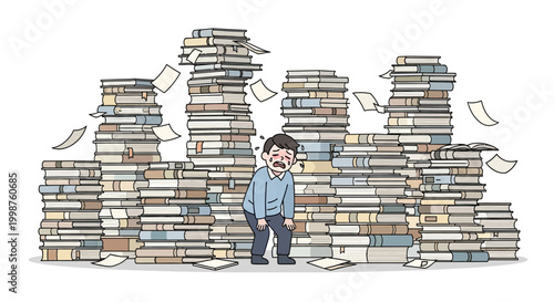 Overwhelmed businessman drowning in stacks of paperwork and books, symbolizing stress and heavy workload