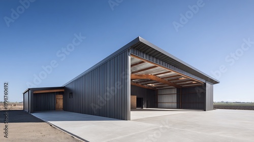 Modern Industrial Barn Architecture with Open Bay Doors.
