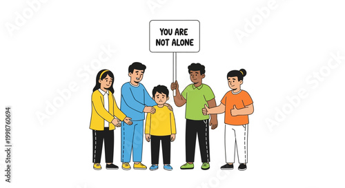 Illustration of a diverse and supportive community standing together, offering comfort and holding a 'You Are Not Alone' sign to emphasize mental well-being and solidarity