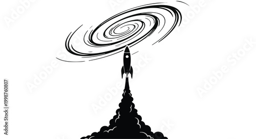 Retro rocket ship blasts off into a swirling galaxy vortex, representing space exploration and the unknown.