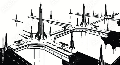 Spaceport featuring multiple rockets docked on a futuristic platform illustrates advanced interstellar travel.