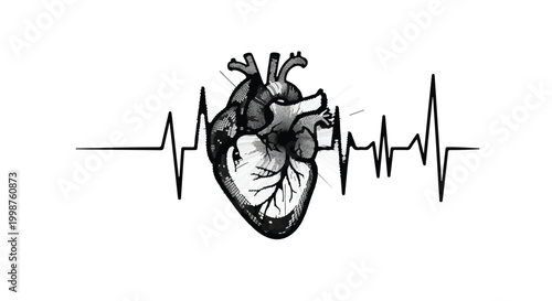 Heart organ displays a rhythmic pulse wave across the background to symbolize cardiac health and medical diagnostics.