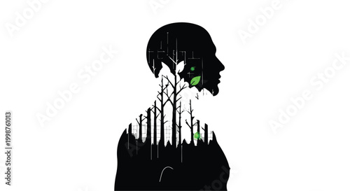 Silhouette of a person's head and shoulders reveals a forest landscape within, symbolizing environmental connection.