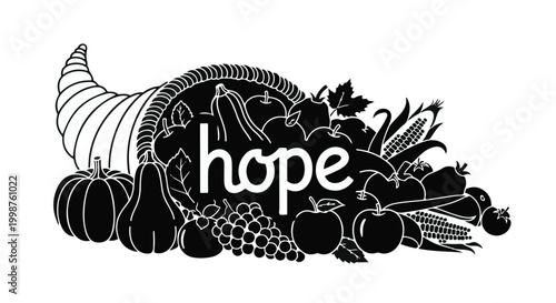 Cornucopia overflowing with harvest fruits and vegetables, with the word 'hope' displayed, symbolizes abundance and optimism.