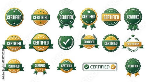 Certified Stamp and Quality Badge Vector Icon Sheet, Vibrant Green and Gold Gradient Labels for Product Guarantee, Warranty, and ISO Approval Symbols

